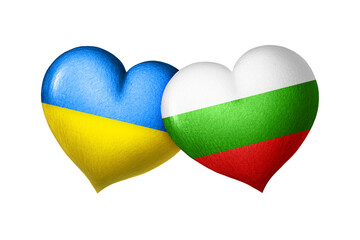 Flags of Ukraine and Bulgaria. Two hearts in the colors of the flags isolated on a white background. Protection, solidarity and help.