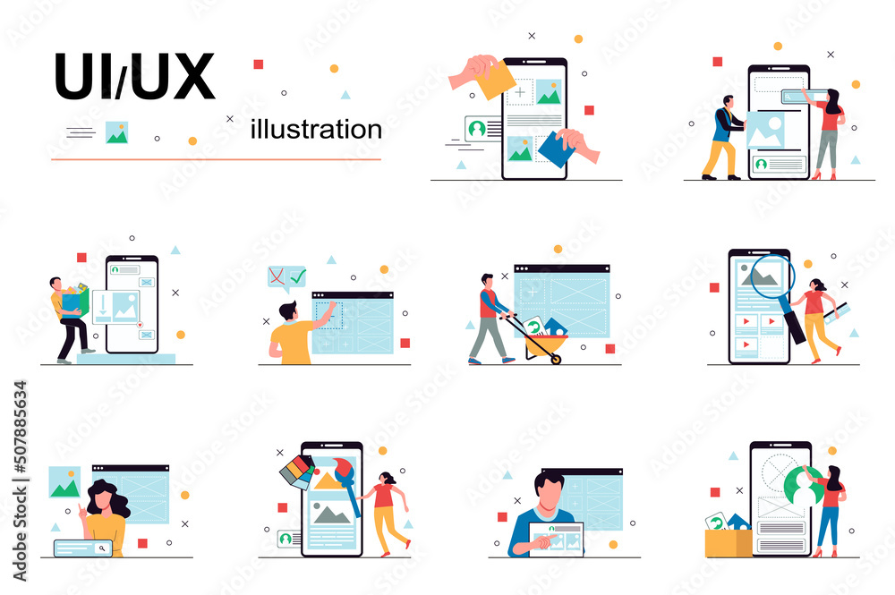 Aufkleber ui ux design and programming concept with people scene set. men and women create application interfa