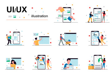 UI UX design and programming concept with people scene set. Men and women create application interfaces, test and optimize programs, places graphic content. Vector illustration in flat design for web