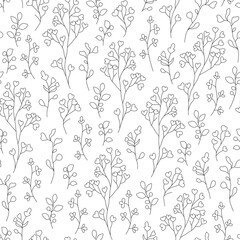 Vector seamless pattern with hand drawn wild flowers. Seamless linear texture with decorative leaves. Endless hand drawn black and white. Template for design of textiles, background, packaging, wrappi