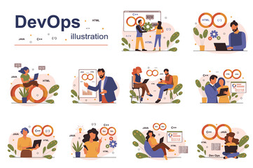 DevOps concept with people scene set. Men and women develop programs and software, deployment and testing, management, communication, automation, teamwork. Vector illustration in flat design for web