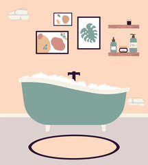 Naklejka premium Concept Of Bathroom Pink Interior With Tub Vector Illustration In Flat Style
