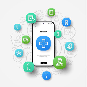 Healthcare, Medicine Business, Health Care, Online Doctor And Medical Support Concept. Realistic Smartphone Mockup, 3d Icons Flying Over Screen On Hand Drawn Sketch, Doodle Design Background. Vector