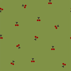 Cute and simple  hand-drawn pattern with tiny cherries on pistachio green background. Cute fruit print in naive style for underwear, dresses ,fabric design, wallpaper, wrapping paper