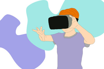 Cuteillustration for children. Cartoon style. Isolated character. Modern technologies for kids. Boy with virtual reality device. Learning and education.