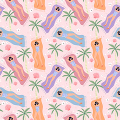Cute girls tanning on the beach seamless pattern. Background with fashion girls, palm trees, and seashells. - 507886689