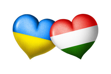 Flags of Ukraine and Hungary. Two hearts in the colors of the flags isolated on a white background. Protection, solidarity and help.