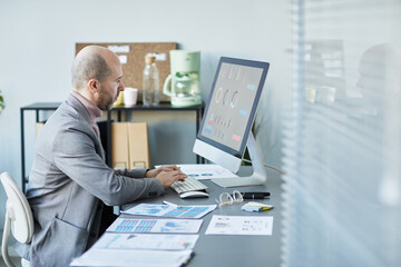 Minimal side view portrait of mature businessman using computer while analyzing data in company office, copy space