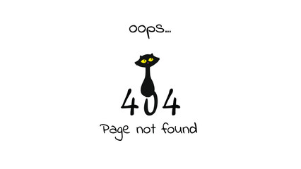 404 error page with cute black cat. Text oops page not found. 4K size vector background.