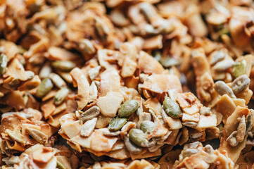 Organic Coconut Keto Clusters, crunchy pumpkin, sunflower, hemp seeds, providing healthy snack. Gluten Free, Vegan Friendly