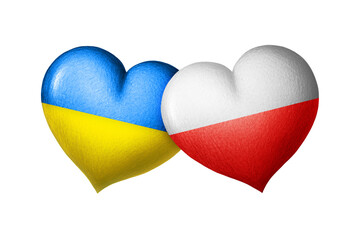 Flags of Ukraine and Poland. Two hearts in the colors of the flags isolated on a white background. Protection, solidarity and help.