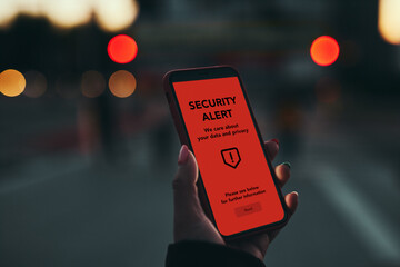 Security alert on smartphone screen. Antivirus warning. Private data protection system...