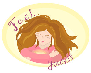 The girl hugs herself by the shoulders. A woman loves her body and takes care of herself. Love yourself concept. Self care. Vector flat illustration.
