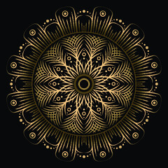 bohemian mandala print, antistress coloring book, tattoo design oriental or indian, islamic mysterious hand drawn ornament for meditation or yoga vector illustration. Black and gold color