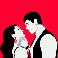 Silhouette of a man and a woman. Vector illustration of lovers on a red background.