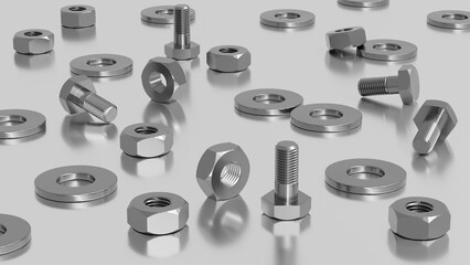 Industrial background 3d illustration. Hardware. Bolts, nuts and washers background. Reflections in steel. Stainless steel hardware.