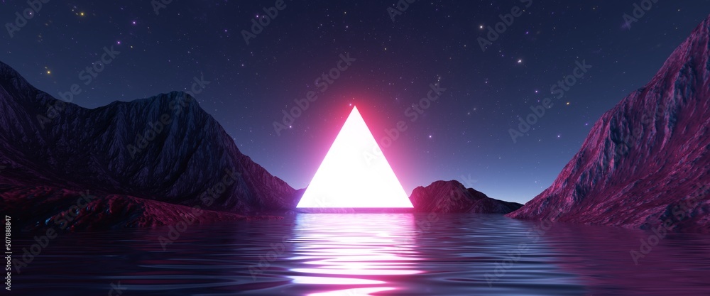 Poster 3d render, abstract background with landscape and triangular geometric shape glowing in the dark. mo