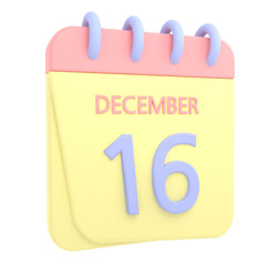 16th December 3D calendar icon. Web style. High resolution image. White background