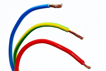 Different coloured wires used for electrical wiring. The colour representation for the live, neutral and grounding wires respectively are not internationally standardised. - obrazy, fototapety, plakaty