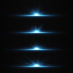 Horizontal burst of exploding stars. Bright light rays. Blue flare, light and spark.