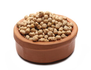 Raw chickpeas in clay pot isolated on white  