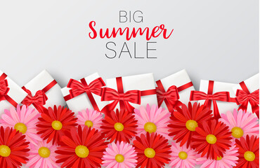 Big Summer Sale banner design. Pink and red daisy flowers and gift boxes on white background. Realistic vector illustration.