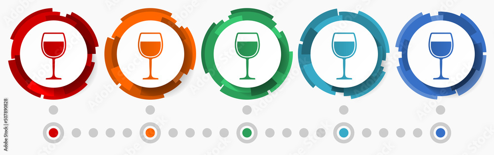 Poster Alcohol glass concept vector icon set, modern design abstract web buttons in 5 color options, infographic template for webdesign and mobile apps