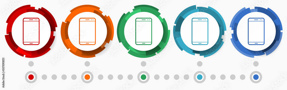 Leinwandbilder Mobile phone, smartphone concept vector icon set, modern design abstract web buttons in 5 color options, infographic template for webdesign and mobile apps