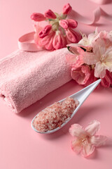 Spa composition with pink Himalayan salt.