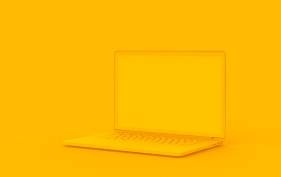 Laptop yellow color on yellow backgrounds. Minimal object computer mockup business online concept. 3D rendering.