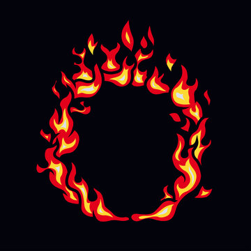 Ring of fire isolated on black. Vector cartoon flame frame. Fire circle.