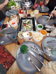 Spanish paella with seafood in a restaurant. romantic dinner