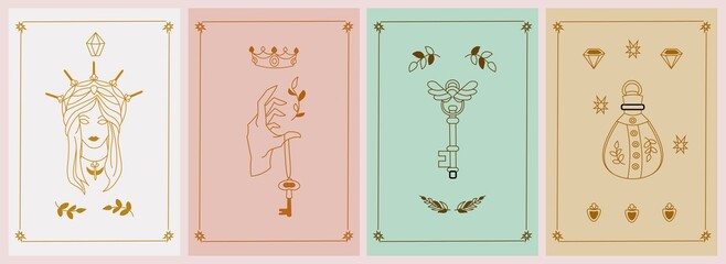 Set of mystical posters with inspirational quotes about energy and magic. Girl , poison, crown, key, hands, diamond. Minimal trendy boho style. Outline illustration.
