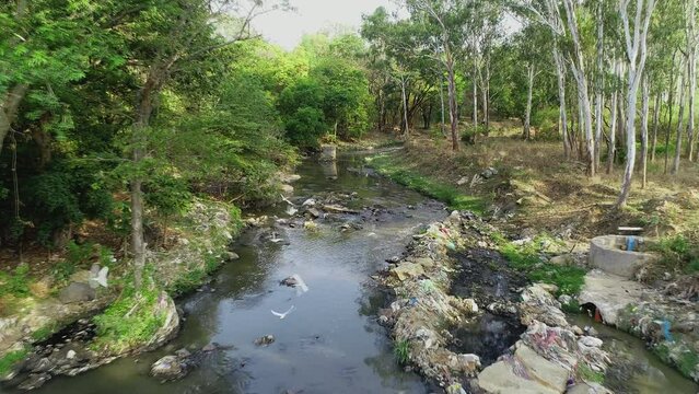 a stream of polluted water and trash in the woods