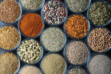 Assortment of aromatic spices, seeds and dry herbs for cooking food