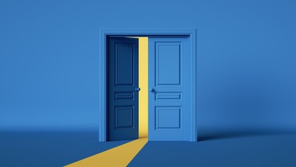 3d rendering, yellow light going through the opening double door isolated on blue background. Architectural design element. Modern minimal concept. Opportunity metaphor