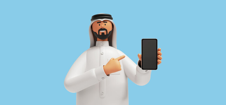 3d render, cartoon character arab man with beard wears traditional white clothes and holds smart phone. Business clip art isolated on blue background. Online service presentation, commercial offer