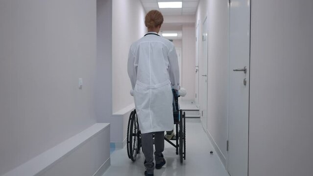 Back view doctor pushing wheelchair with boy along hospital corridor in slow motion. Caucasian professional pediatrician helping patient in medical clinic indoors