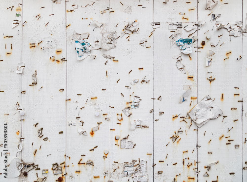 Poster many rusty stapler pins and pieces of paper on a messy white wooden bulletin, message or notice boar
