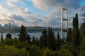 Istanbul view. Cityscape of Istanbul and Bosphorus Bridge with cloudy sky