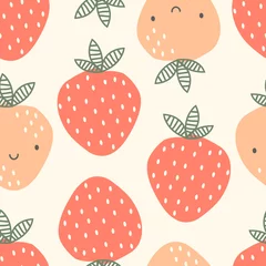 Foto op Aluminium Seamless strawberry pattern Cute strawberry vector Strawberry vector Strawberry with smile face © Superneon