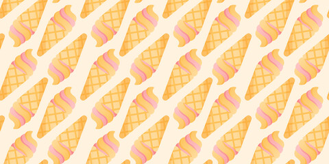 Seamless pattern of soft serve ice cream cone. Ice cream backgound.