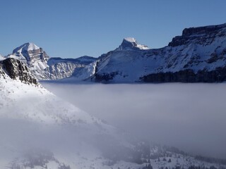 Snow covered mountains in winter at Lake Louise Ski Slope