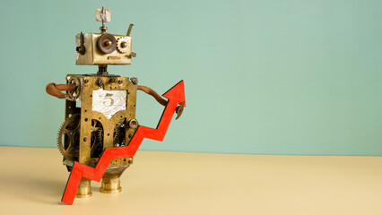 The robot keeps the arrow rising. Success in business and investment.