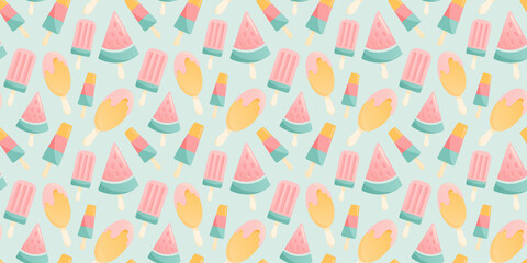 Seamless colorful pattern with diffrent types of ice cream on stick 