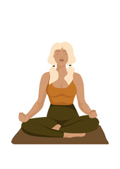 Yoga. Woman in lotus pose. Illustration for poster in yoga center. Graphic design for poster, banner, wall decoration. Isolated vector art.