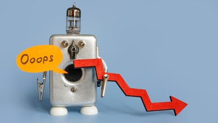 Ooops. The robot is holding a downing arrow. Problems in business and trading.