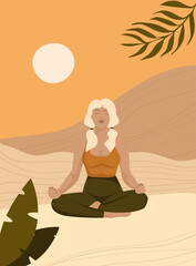 Woman in desert in lotus pose. Yoga poster design. Faceless style. Boho flat art.