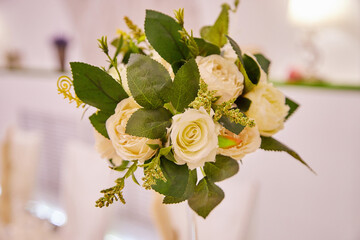 Beautiful bouquet of white roses flowers in vase