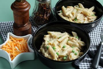 Turkey Tetrazzini: turkey chunks and penne pasta in a creamy sauce.